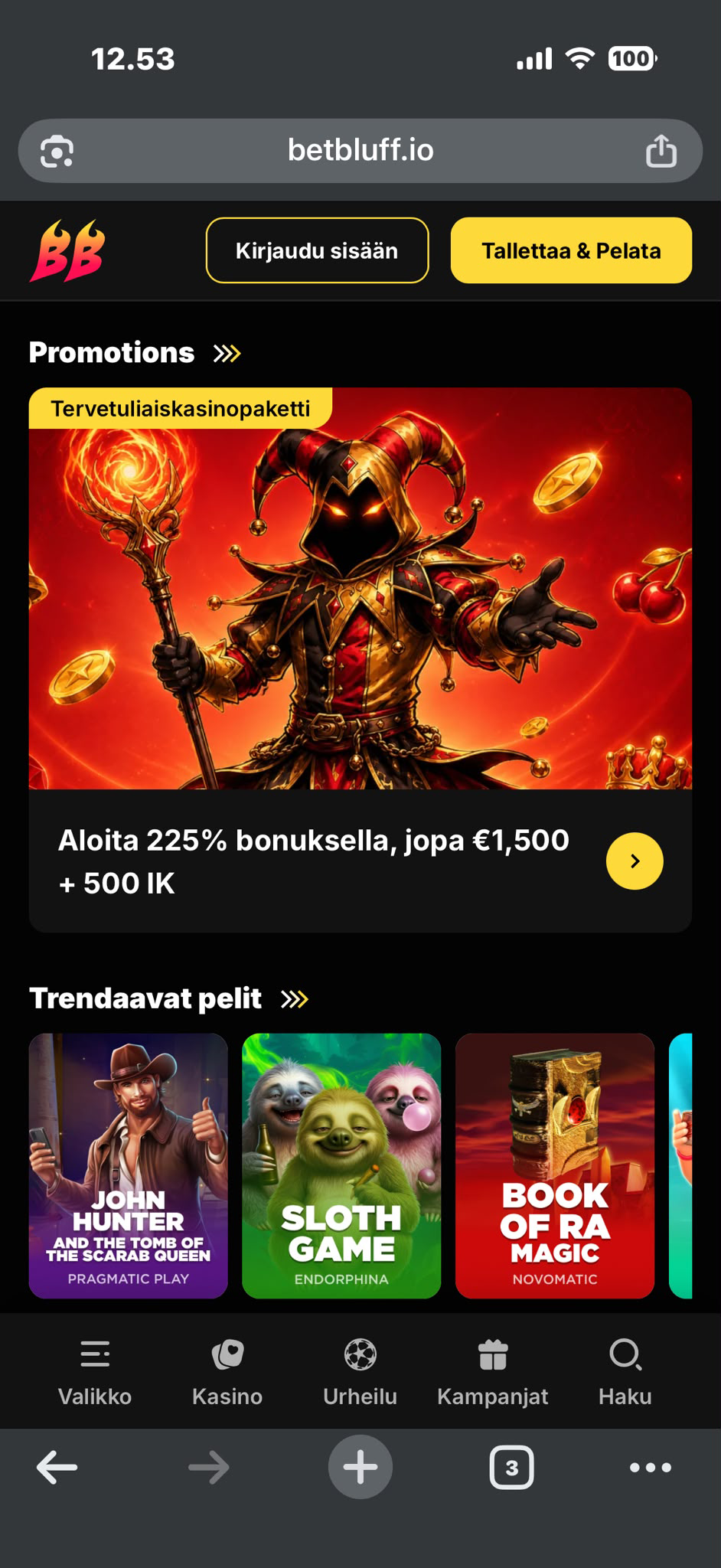 BetBluff Casino mobiilissa (iPhone 16 Pro)