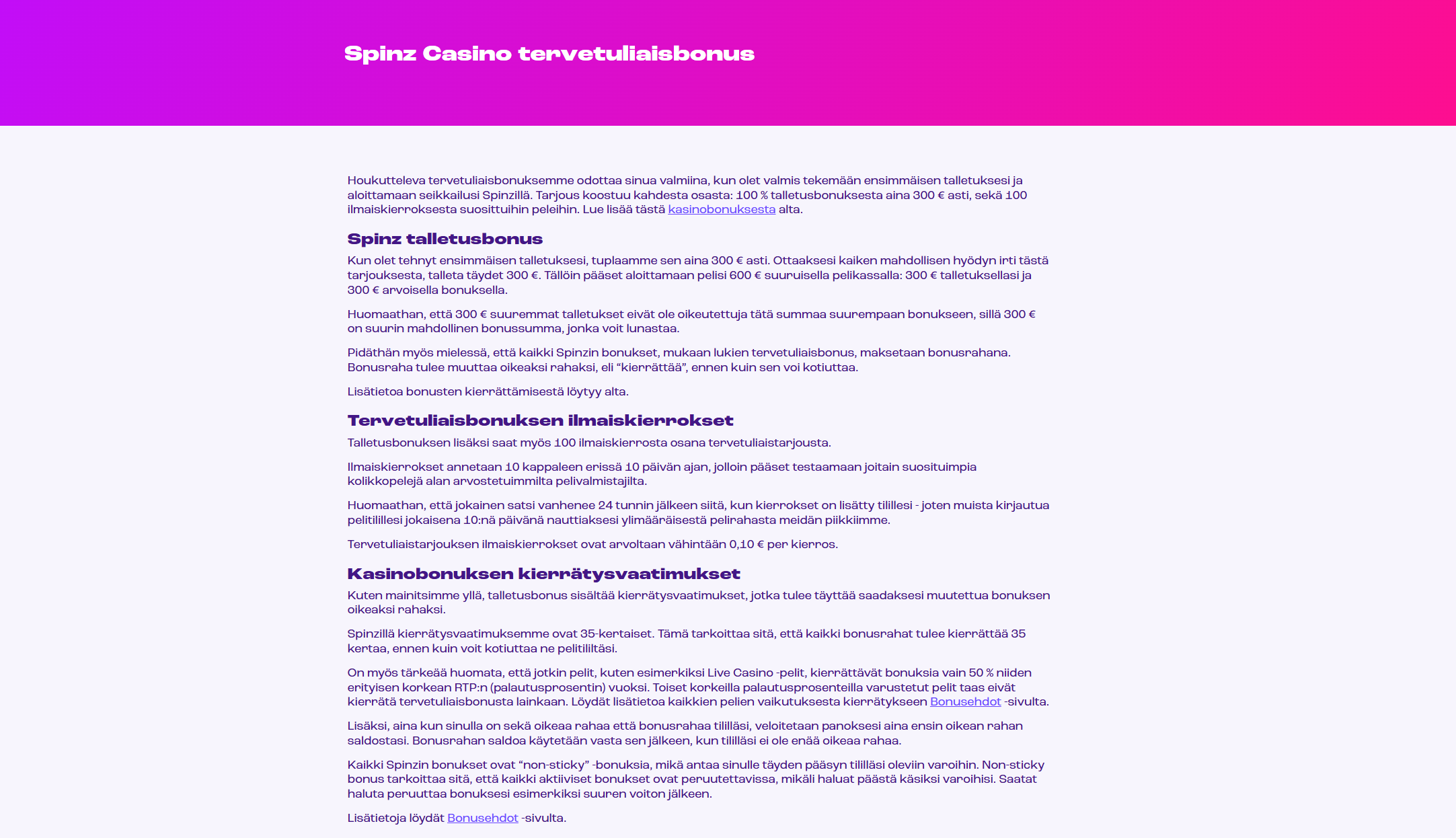Bonus non sticky säännöt Spinzillä
