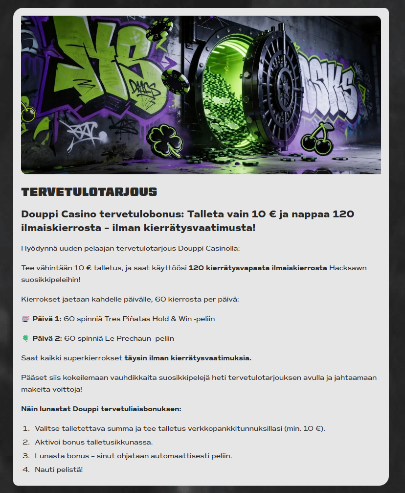 Douppi Casino tervetulobonus 120 ilmaiskierrosta ilman kierrätystä