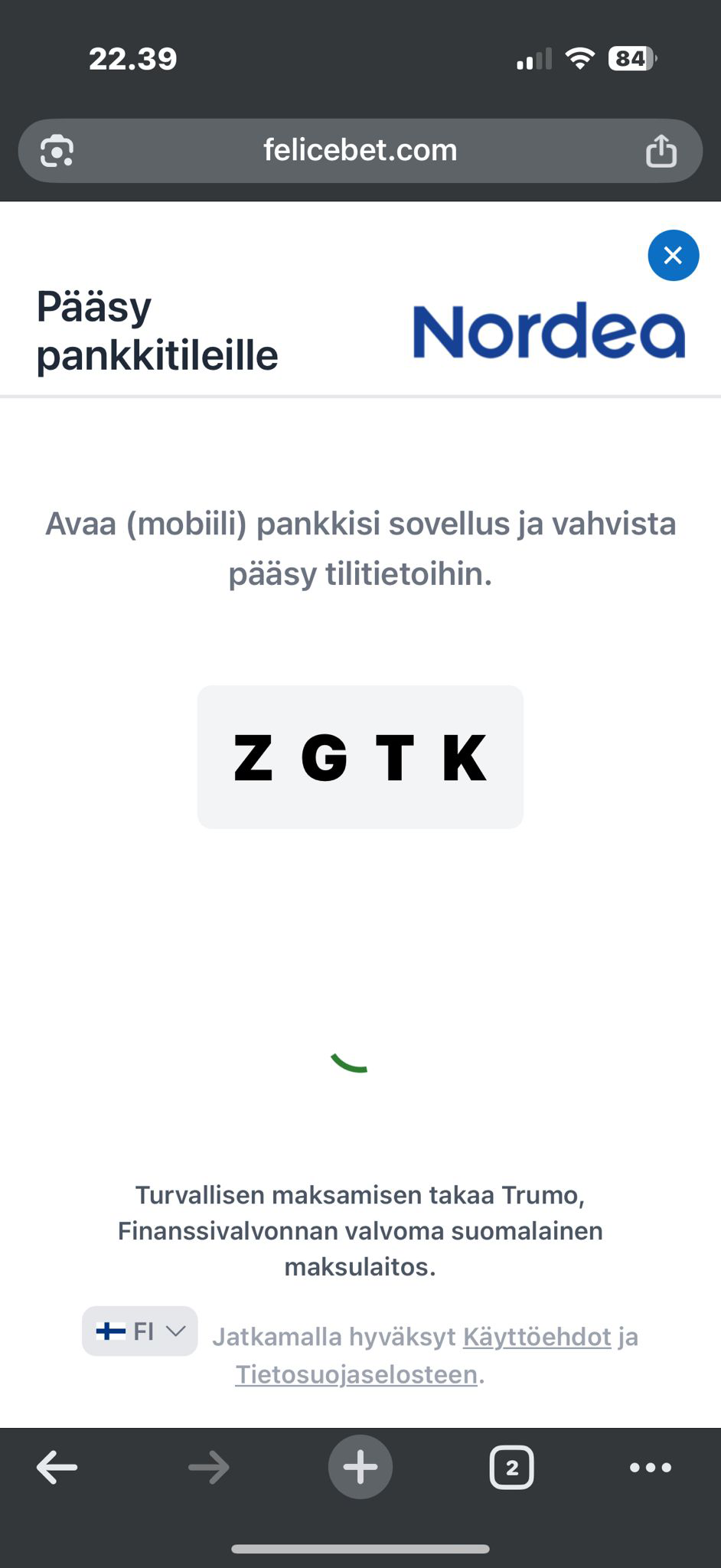 FeliceBet Trumo maksun vahvistaminen Nordeassa