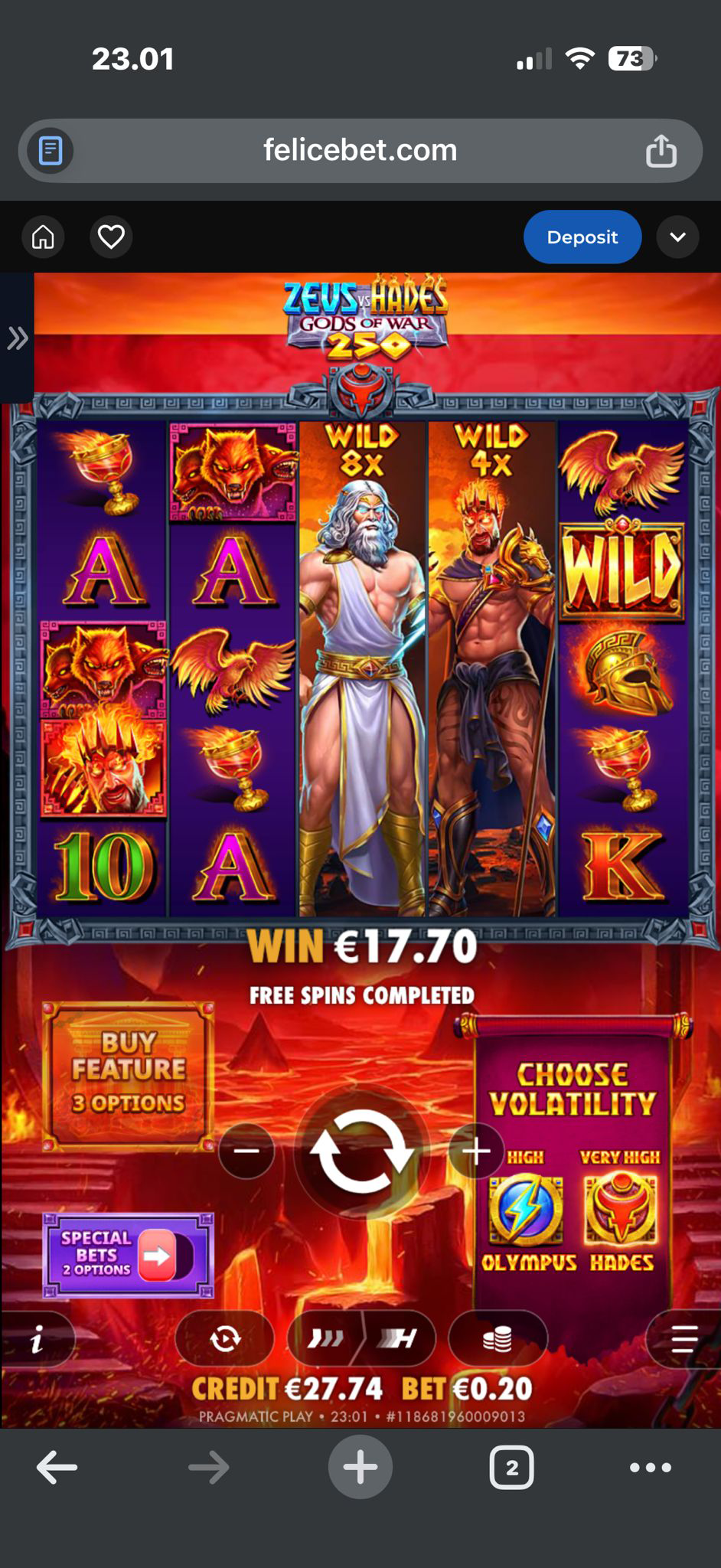 FeliceBet Zeus VS Hades Gods of War 250 pelitilillä