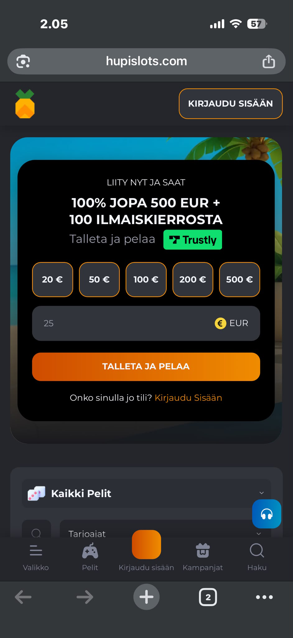 Hupi Slots talletusikkuna etusivulla