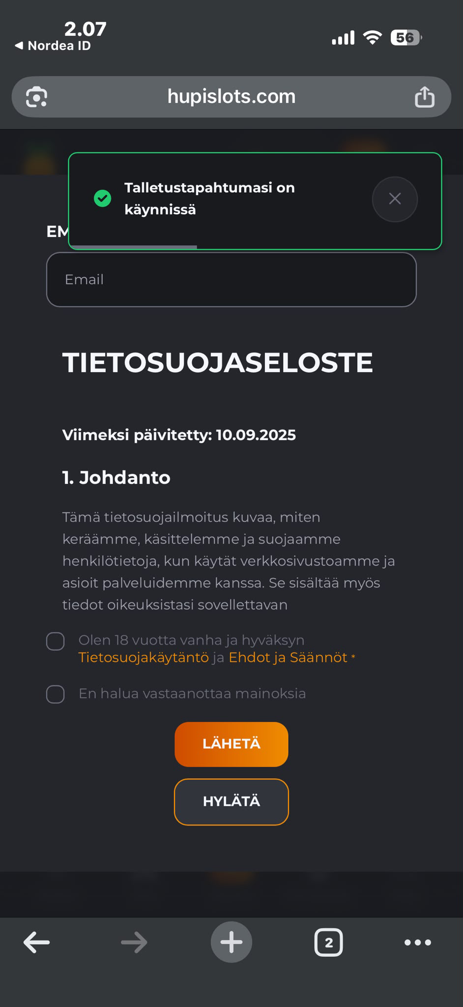 Hupi Slots talletus valmis pelitilillä