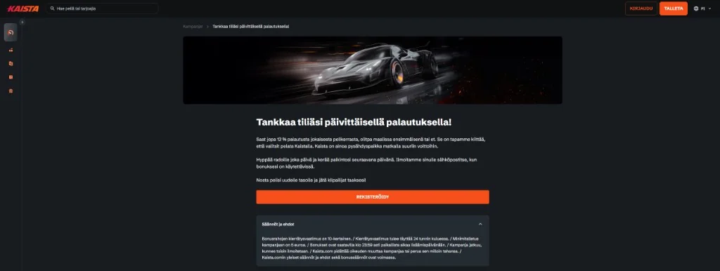 Cashback bonuksen säännöt ja ehdot, kaista.com, tarkistettu 11.10.2026