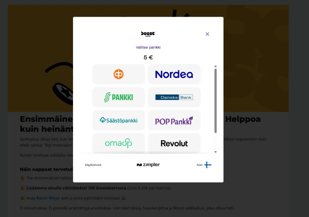 Boost Casinon talletusikkuna, summa 5 euroa