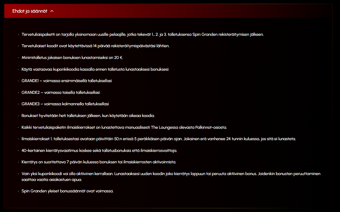 Nettikasinon bonuskoodien ehdot esimerkkinä