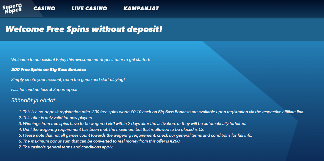 SuperNopean no deposit free spins: 200 ilmaiskierrosta ilman talletusta