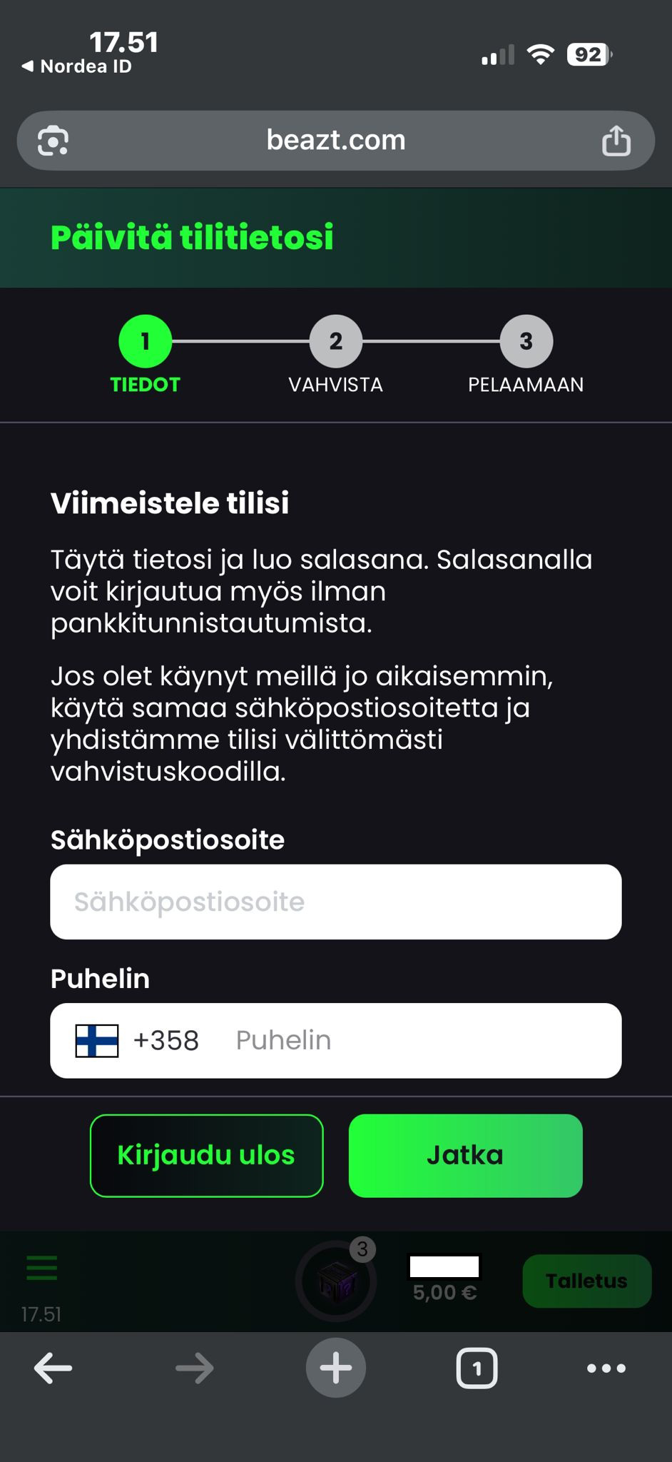 Sähköposti, puhelin ja salasana nopean talletuksen jälkeen
