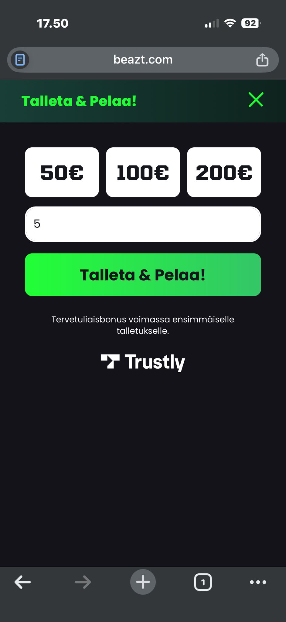 Nopean talletuksen talletusikkuna avautuu mobiilissa