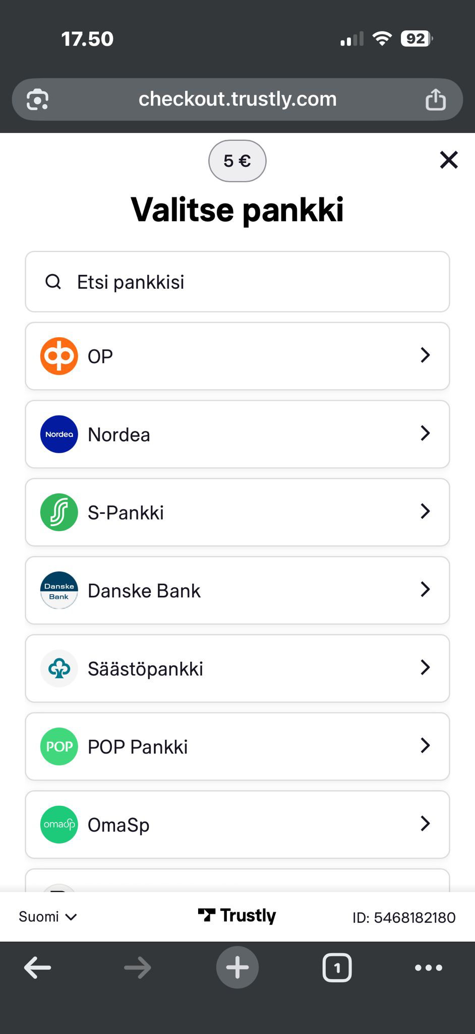 Oman pankin valinta Trustlyn listalta nopeassa talletuksessa