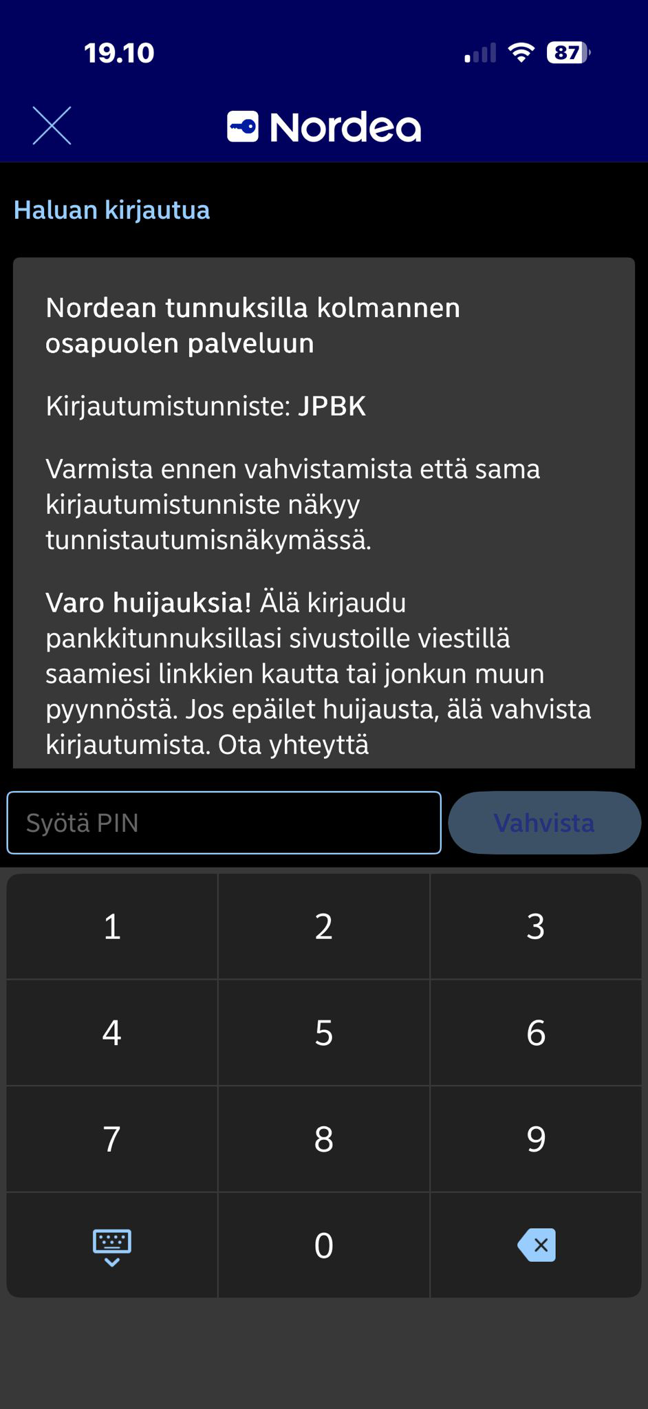 Nordean vahva tunnistautuminen Viljon kautta