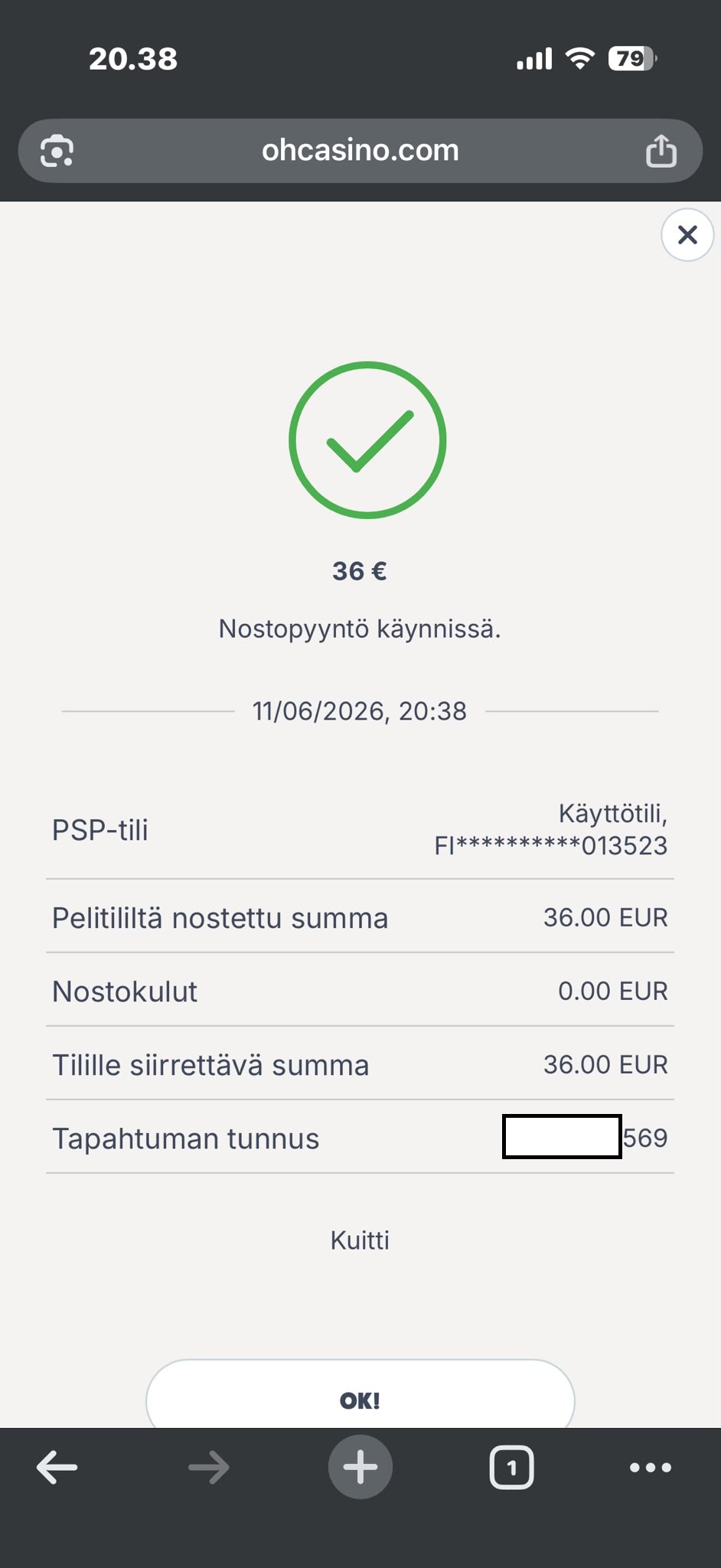 Oh Casino 36 euron nostopyyntö käynnissä 11.6.2026
