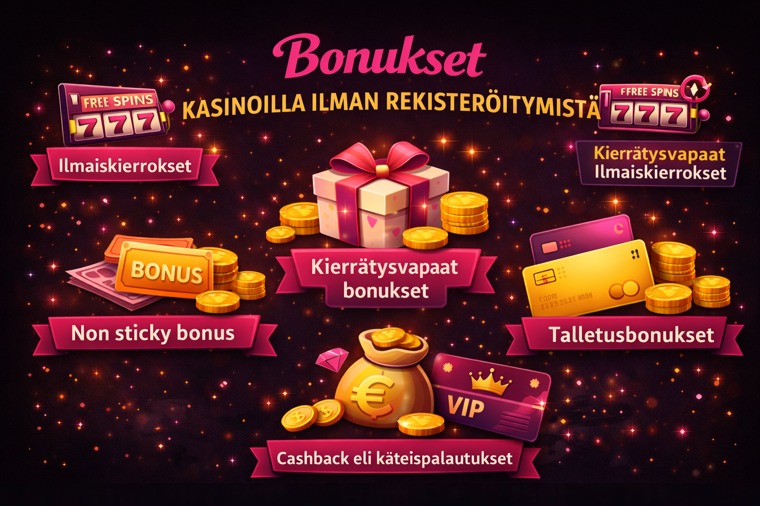 Pelikasinoiden bonustyyppejä: ilmaiskierrokset, talletusbonus ja cashback