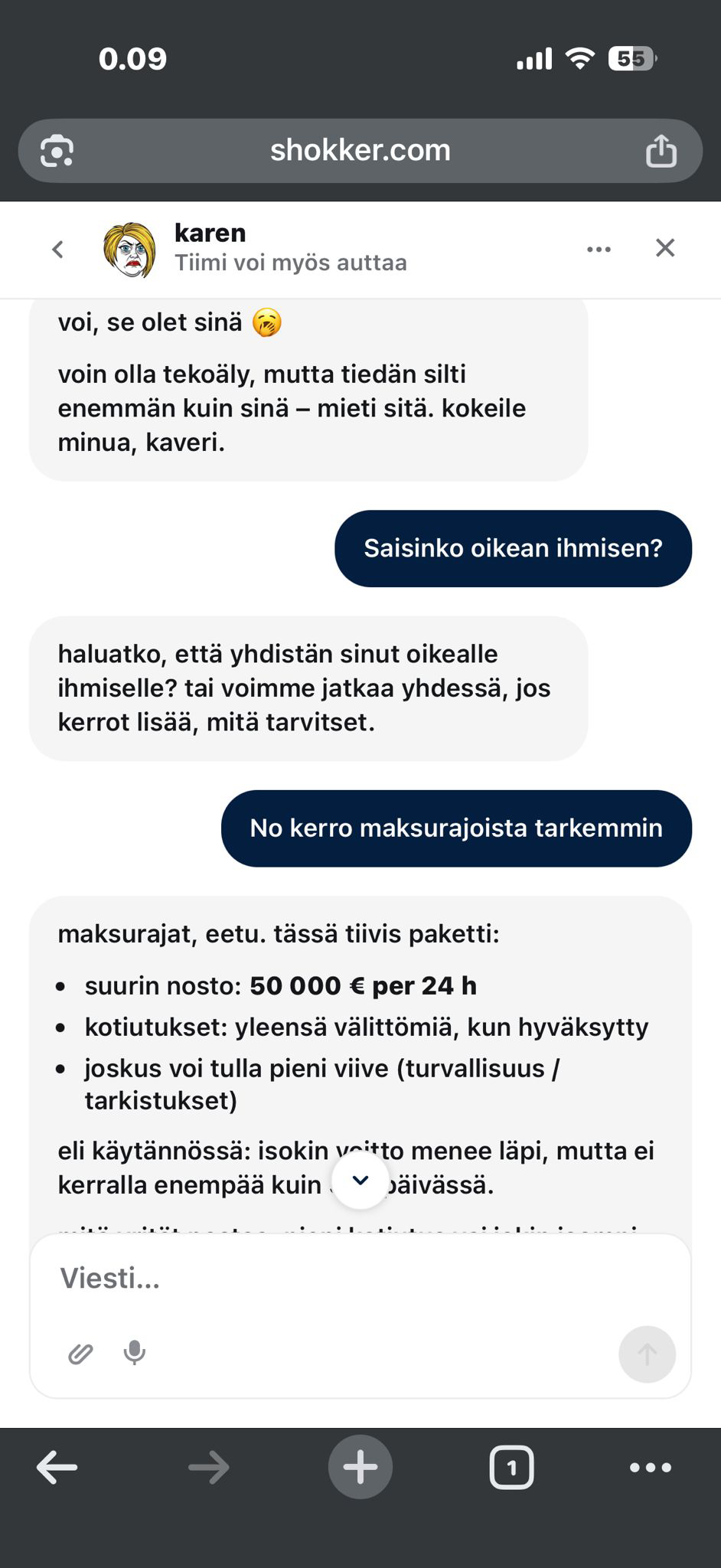 Shokker Casino live chat AI-botti Karen vastaa suomeksi