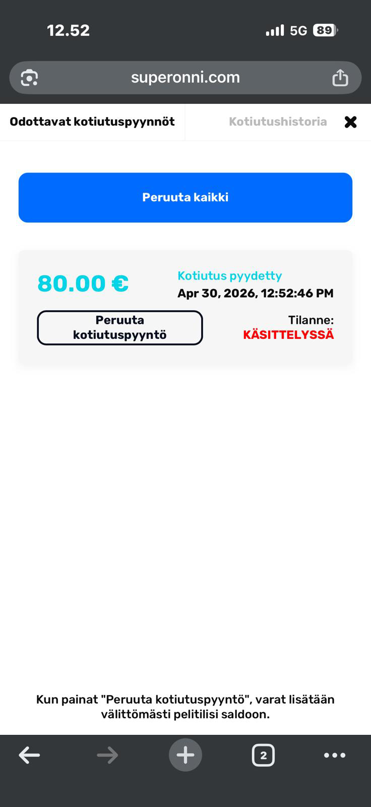 Super Onni kotiutuspyyntö manuaalisessa käsittelyyn