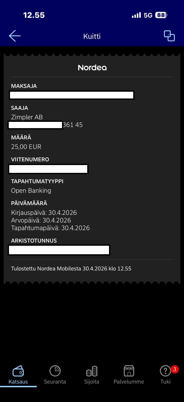 Super Onni talletuksen kuitti vahvistuksena