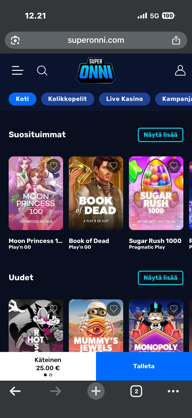 Super Onni talletus näkyy pelitilin saldossa heti