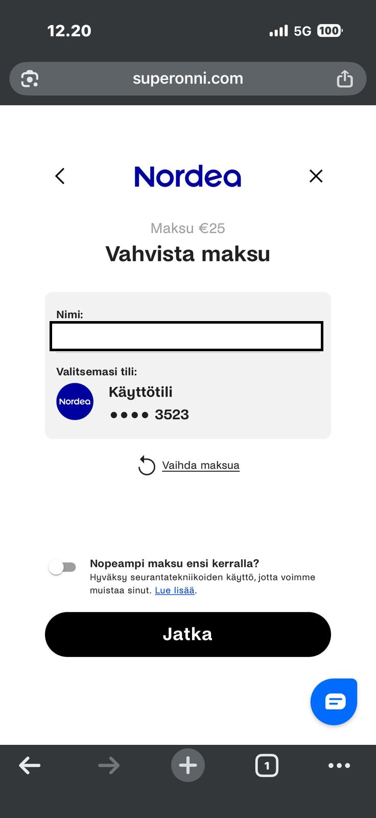 Super Onni Nordea-tunnistautuminen ja maksun vahvistus