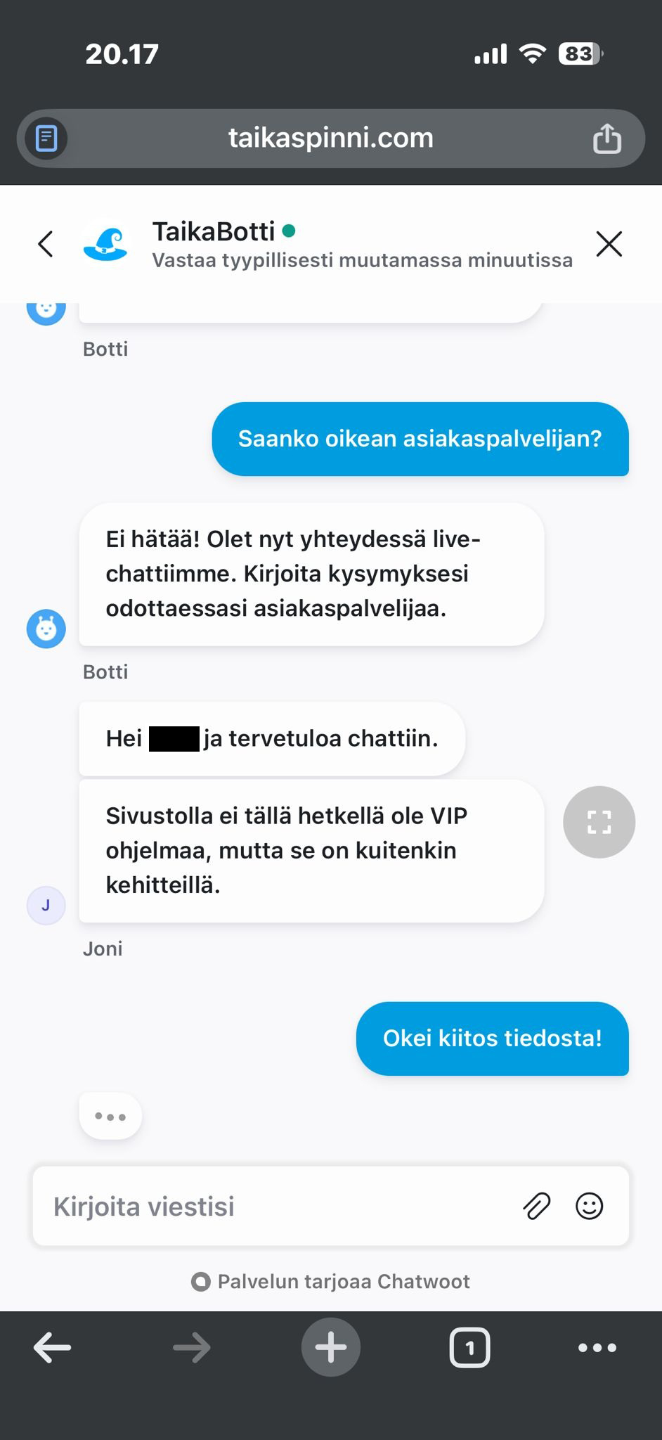 Taika Spinni asiakaspalvelija Joni vastaa VIP-kysymykseen
