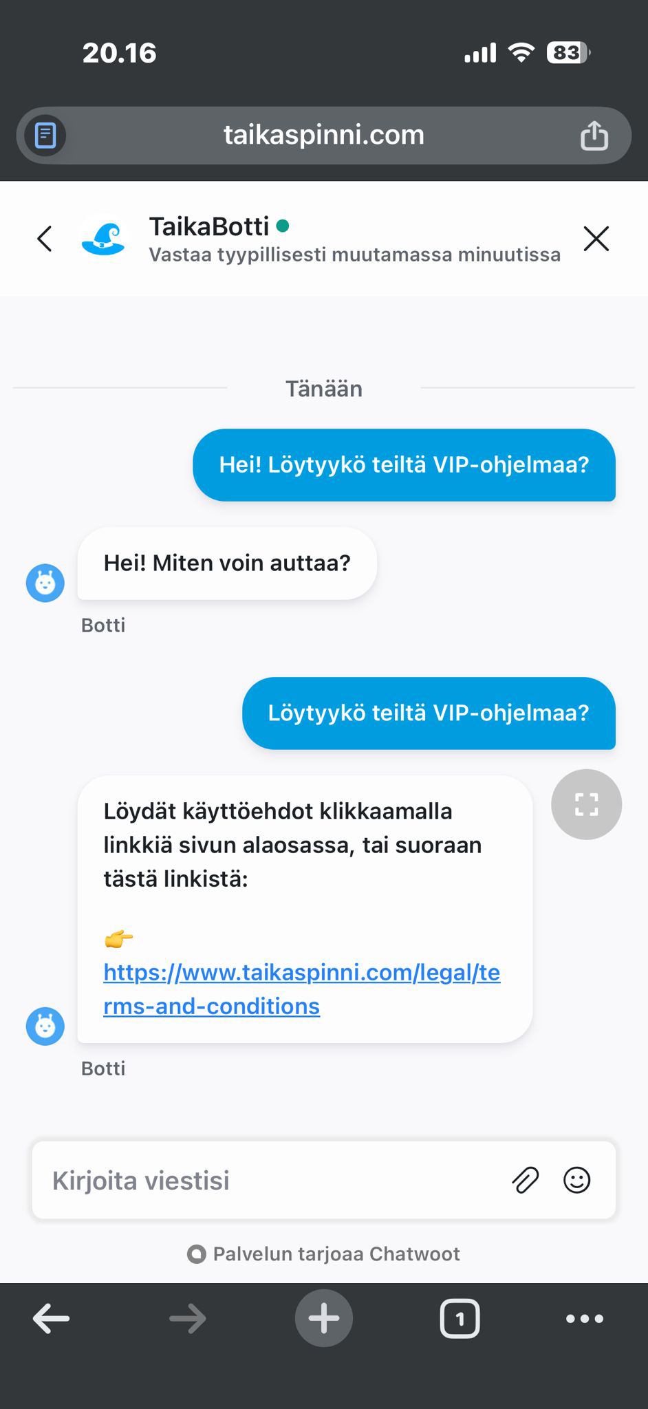 Taika Spinni live chat asiakaspalvelu suomeksi