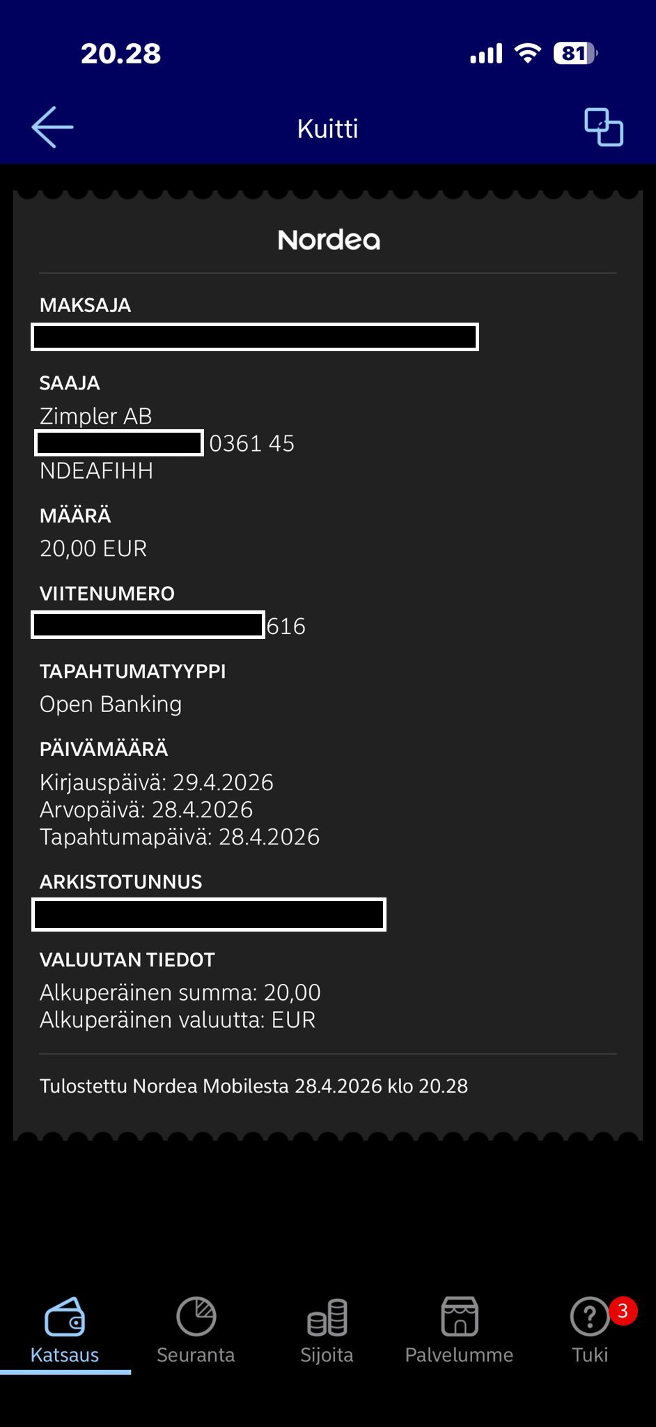 Taika Spinni talletuksen kuitti vahvistuksena