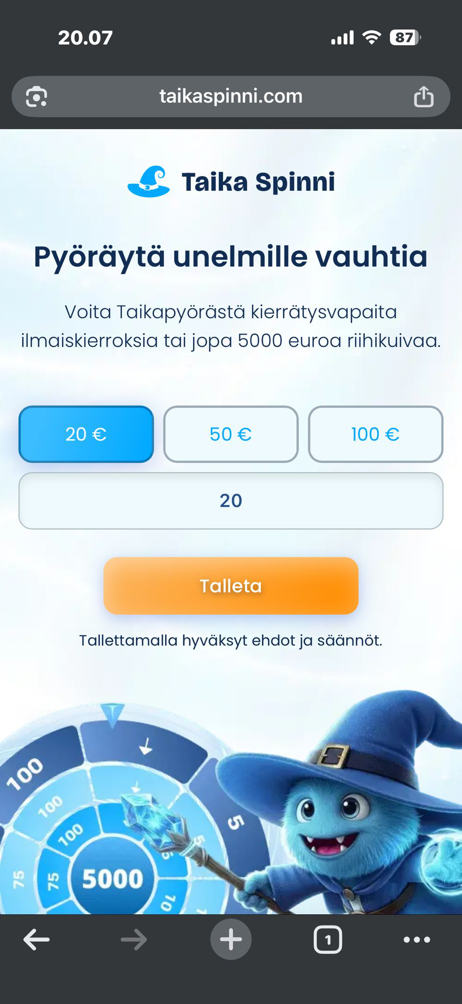 Taika Spinni talletusikkuna jossa syötetään talletuksen summa