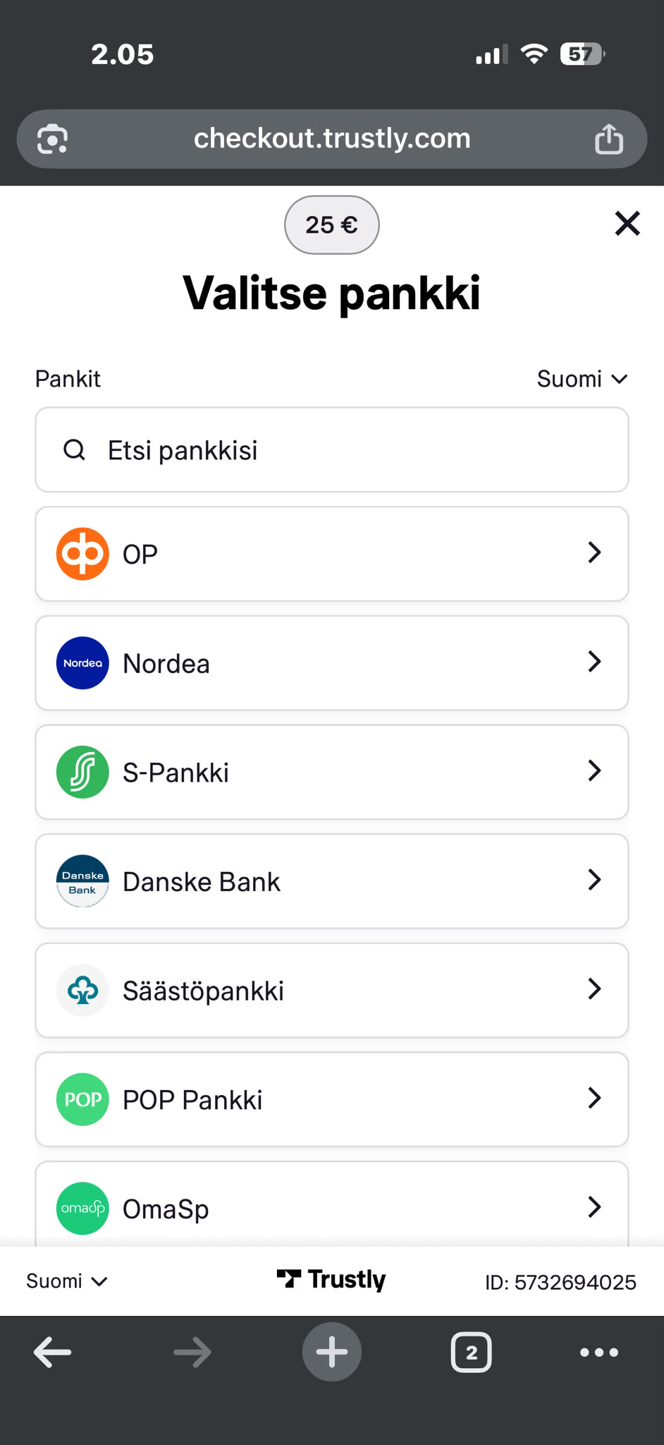 Oman pankin valinta Trustlyn pankkilistalta