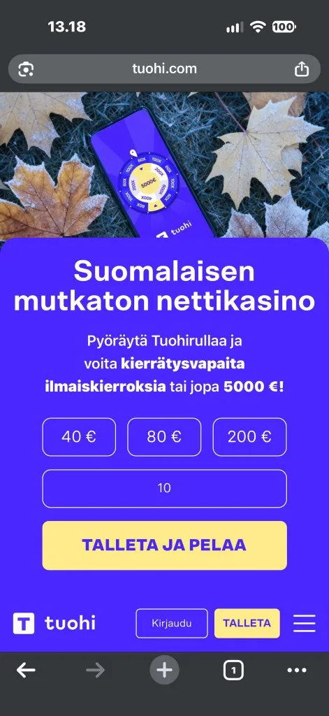 Talletussumman valinta Tuohi Kasinon etusivulla
