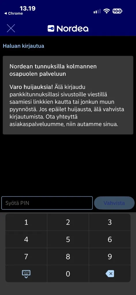 Kirjautumisen vahvistus Nordea ID -sovelluksessa