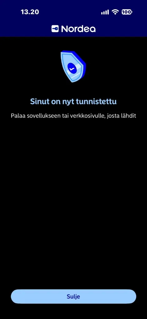 Tunnistautuminen onnistui Nordeassa