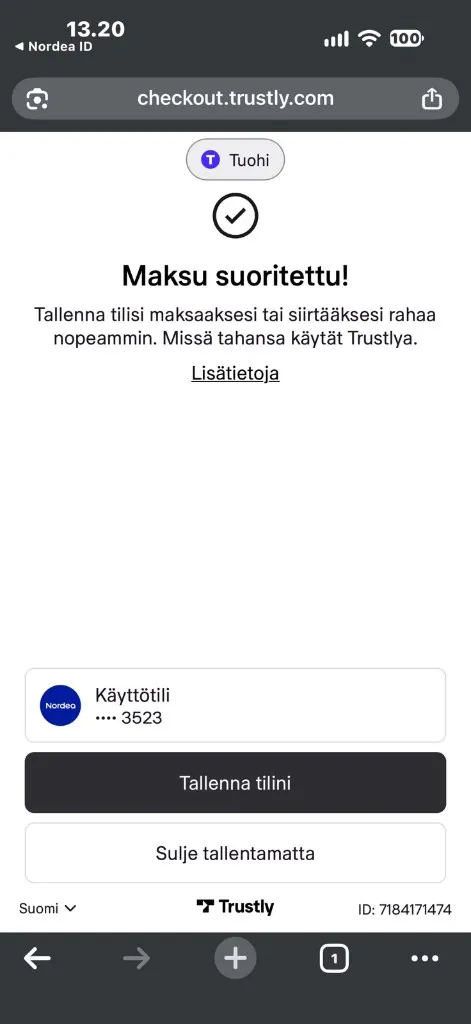 Trustly-maksu suoritettu Tuohi Kasinolle