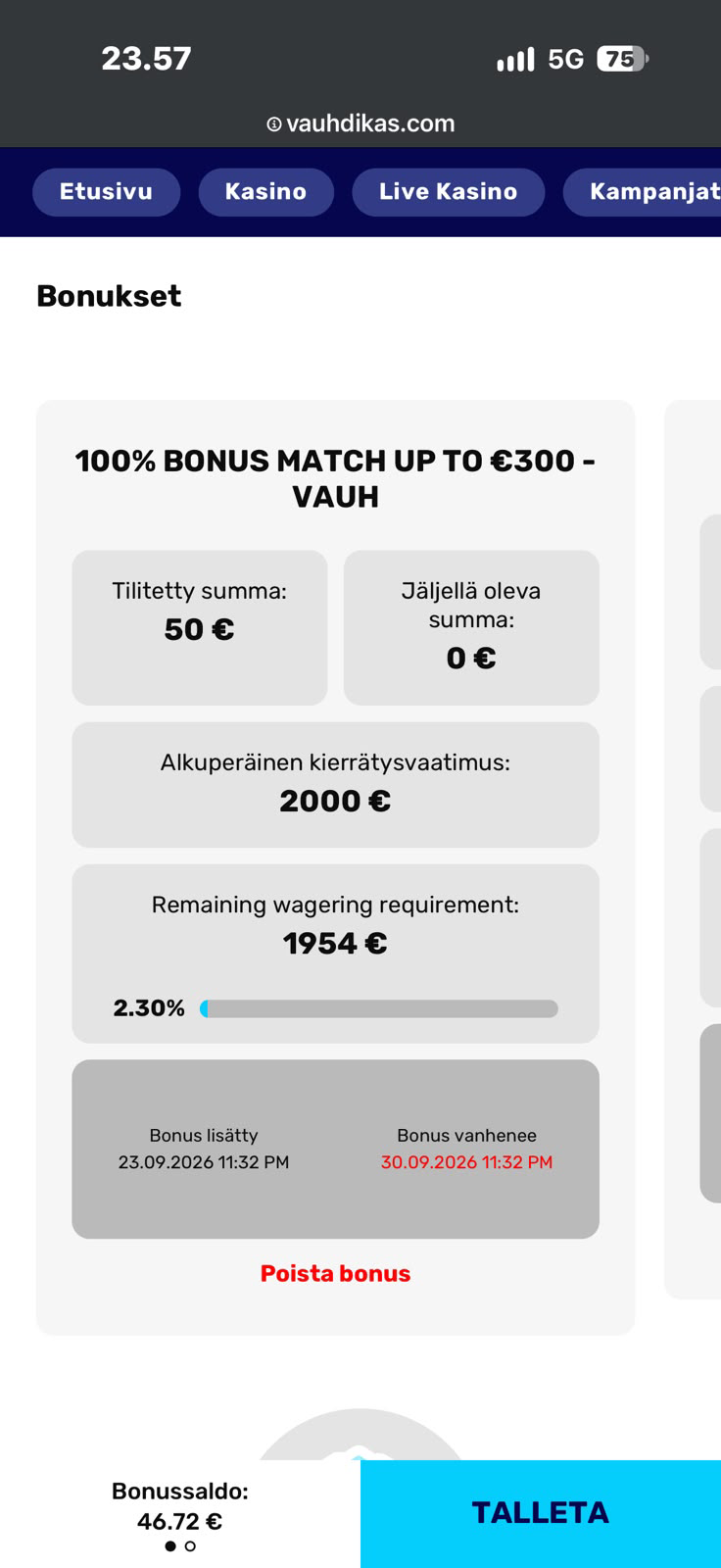 Talletusbonuksen kierrätyksestä suoritettu 2,3 prosenttia