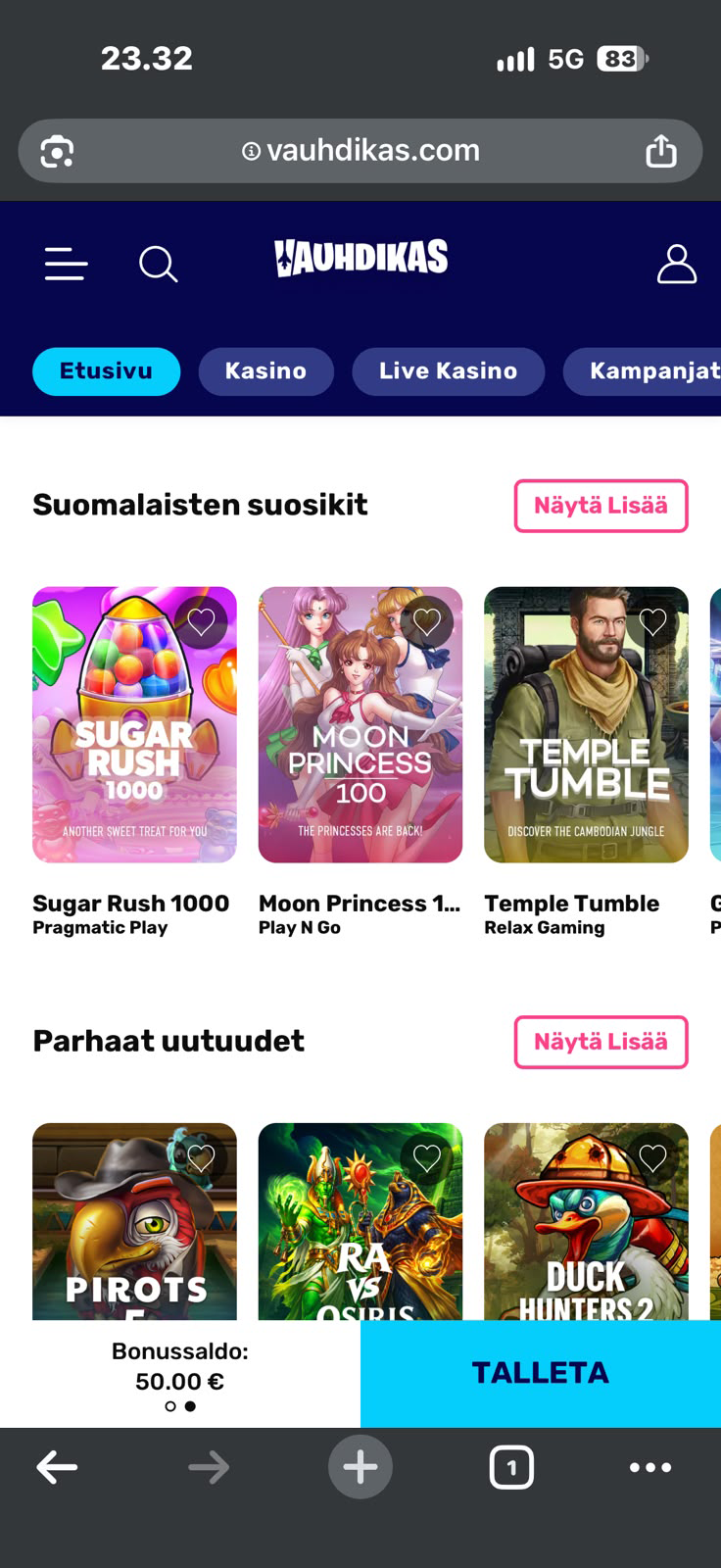 Vauhdikas pelitili auki, saldo yhteensä 50 euroa