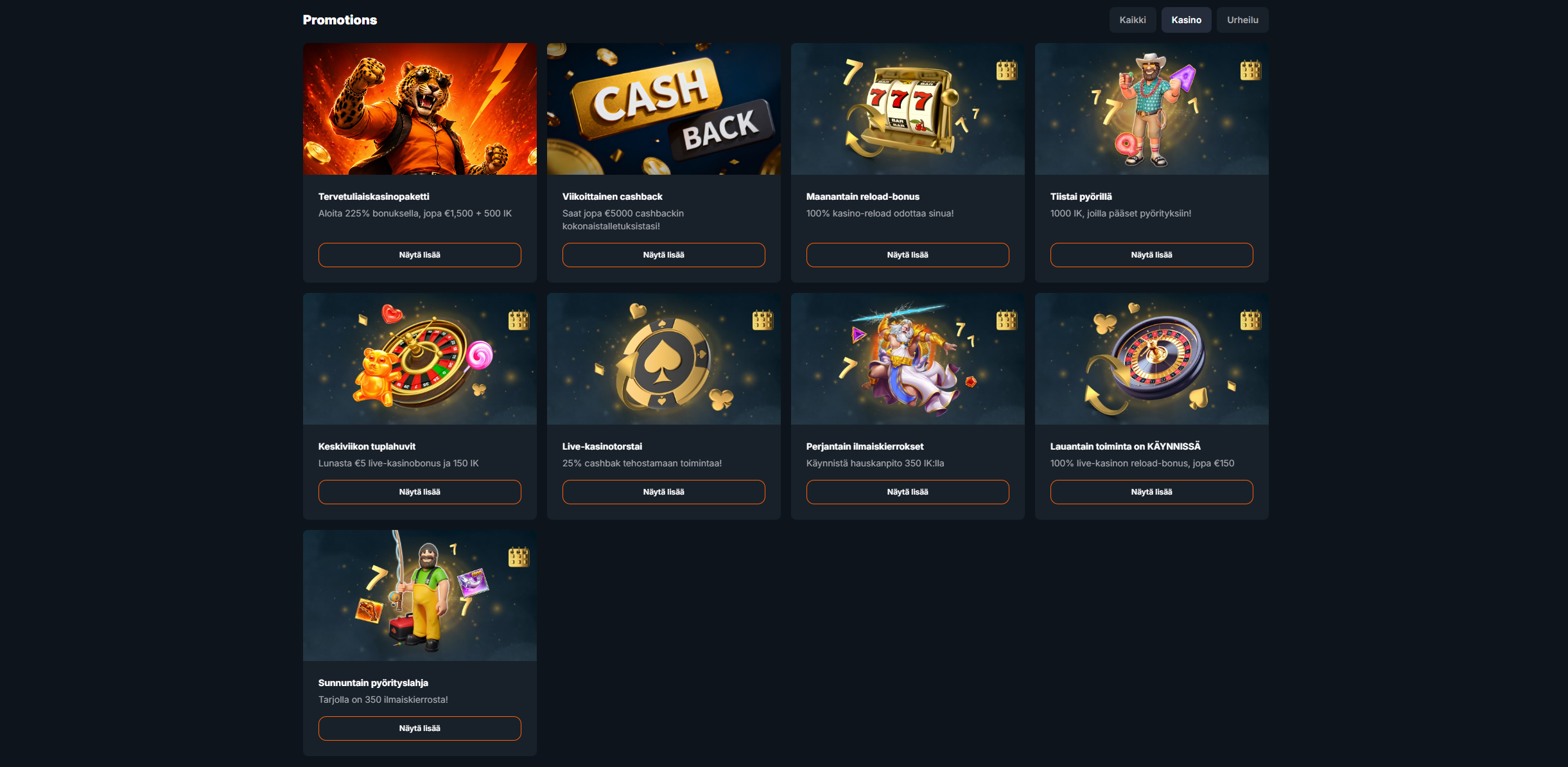 Viikoittaiset kasinotarjoukset: cashback, reload, turnaukset ja onnenpyörä
