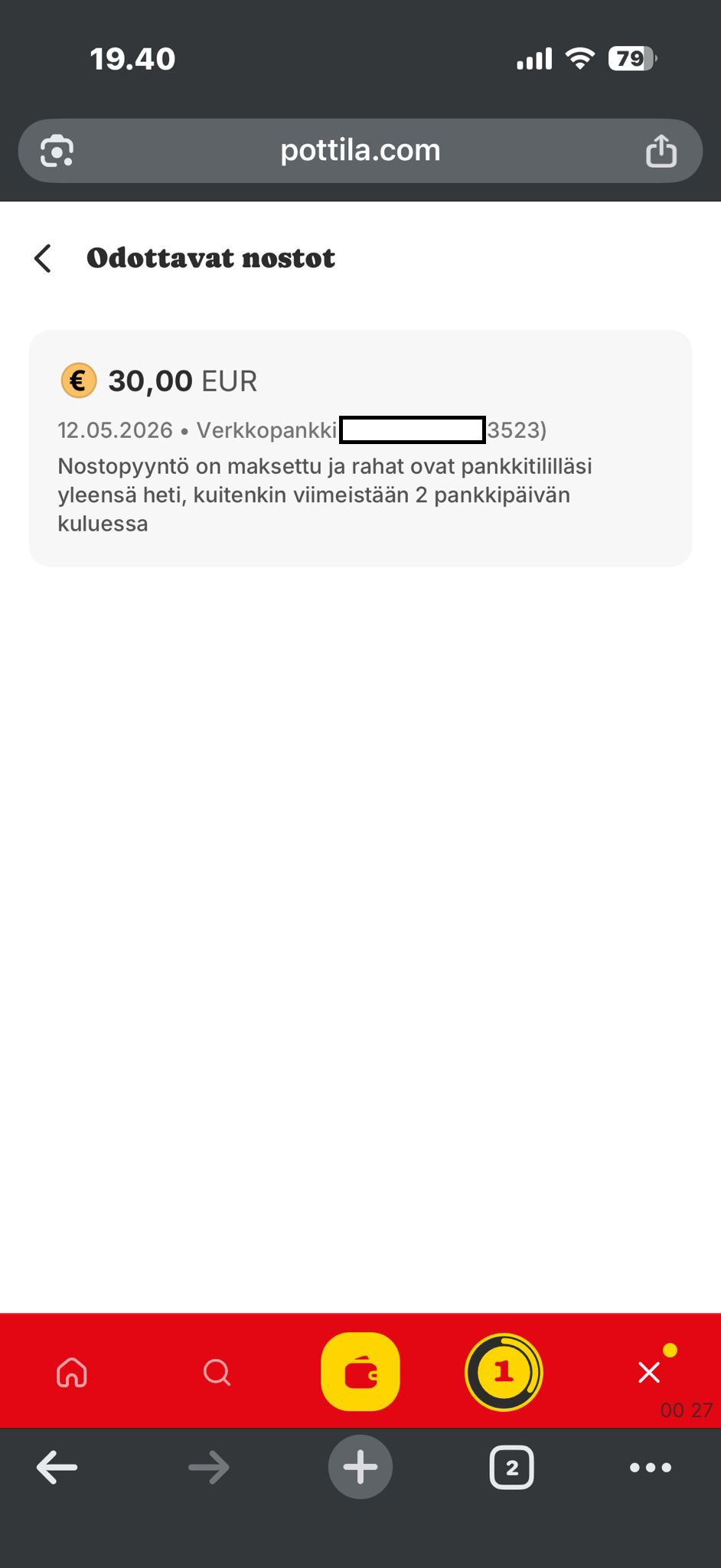 Kotiutus näkyy maksettuna virolaisen kasinon pelitilillä
