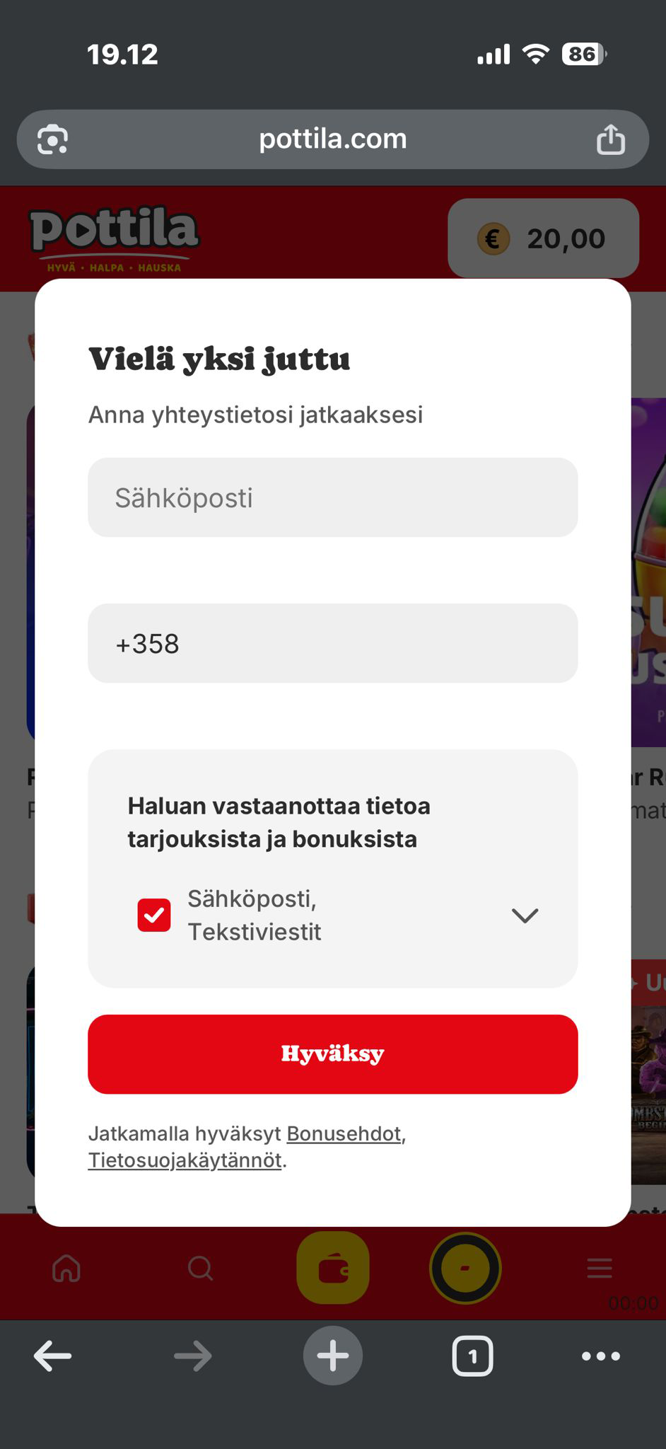 Talletus näkyy virolaisen kasinon pelitilillä
