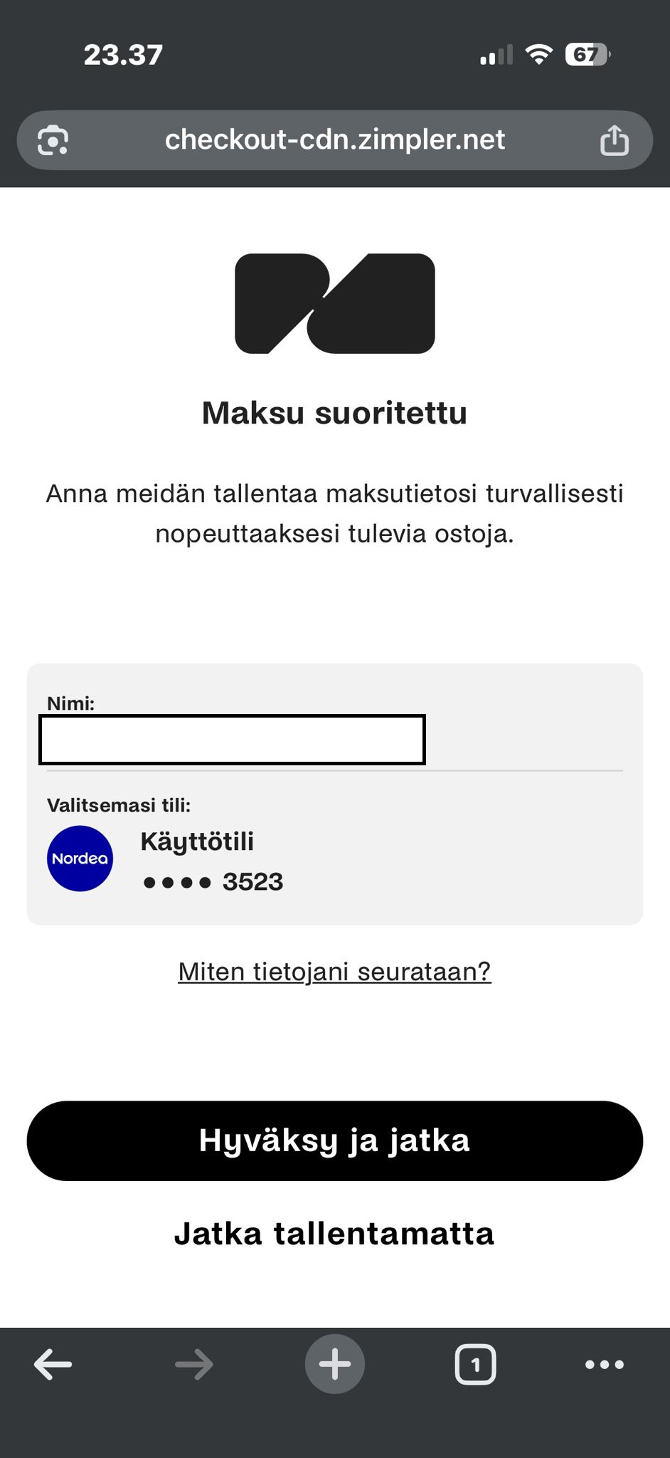 Zimpler maksu suoritettu