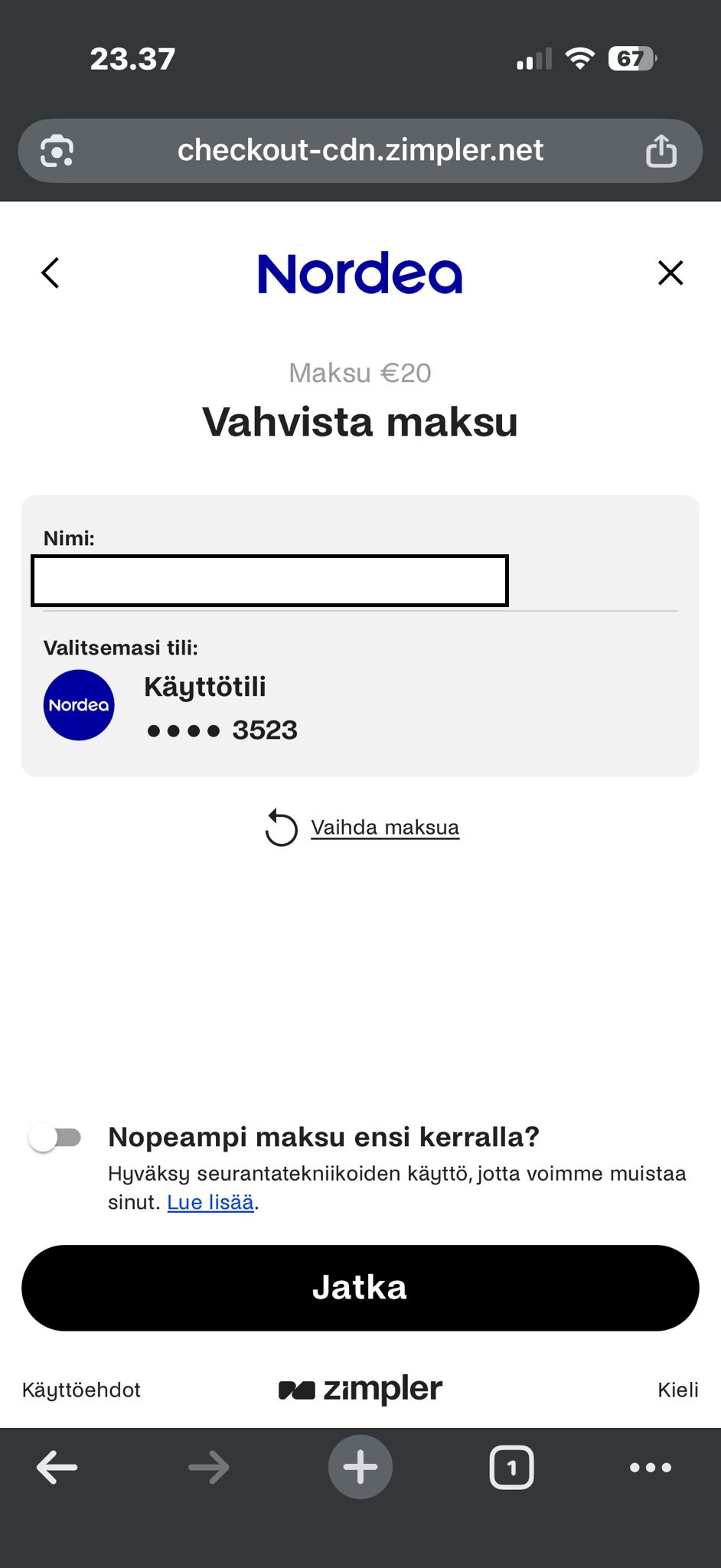 Zimpler pankkitilin valinta